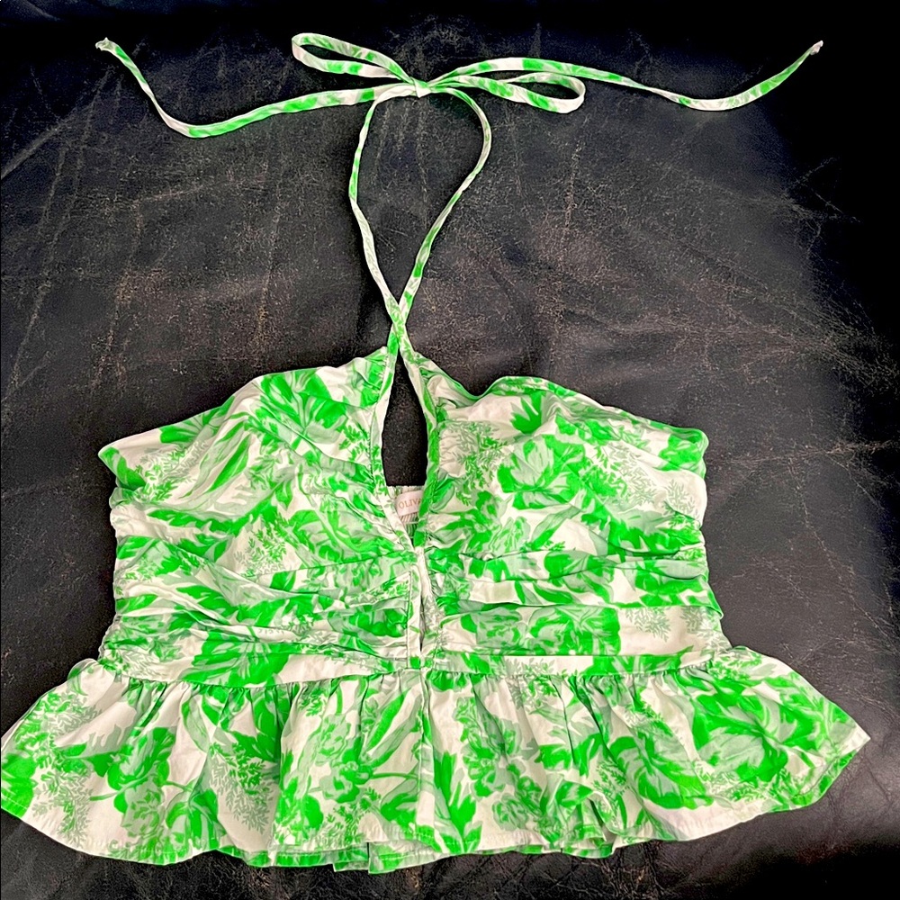 OLIVACEOUS Cute Green and White Cotton Ruffled Halter Crop Top